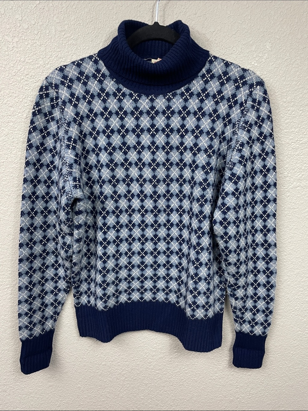 Vintage Bryant of Scotland 100% Pure Cashmere Turtleneck Sweater Blue Argyle 38